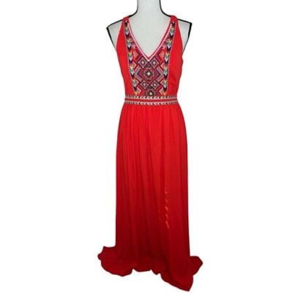 Gianni Bini Women's Embroidered Orange Sleeveless Maxi Dress Sz L